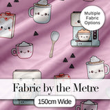 Cute Kawaii Coffee Maker Cups Milk Pink Background Seamless Pattern Digital Print Fabric by the Metre UK Sewing Quilting Textile