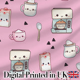 Cute Kawaii Coffee Maker Cups Milk Pink Background Seamless Pattern Digital Print Fabric by the Metre UK Sewing Quilting Textile
