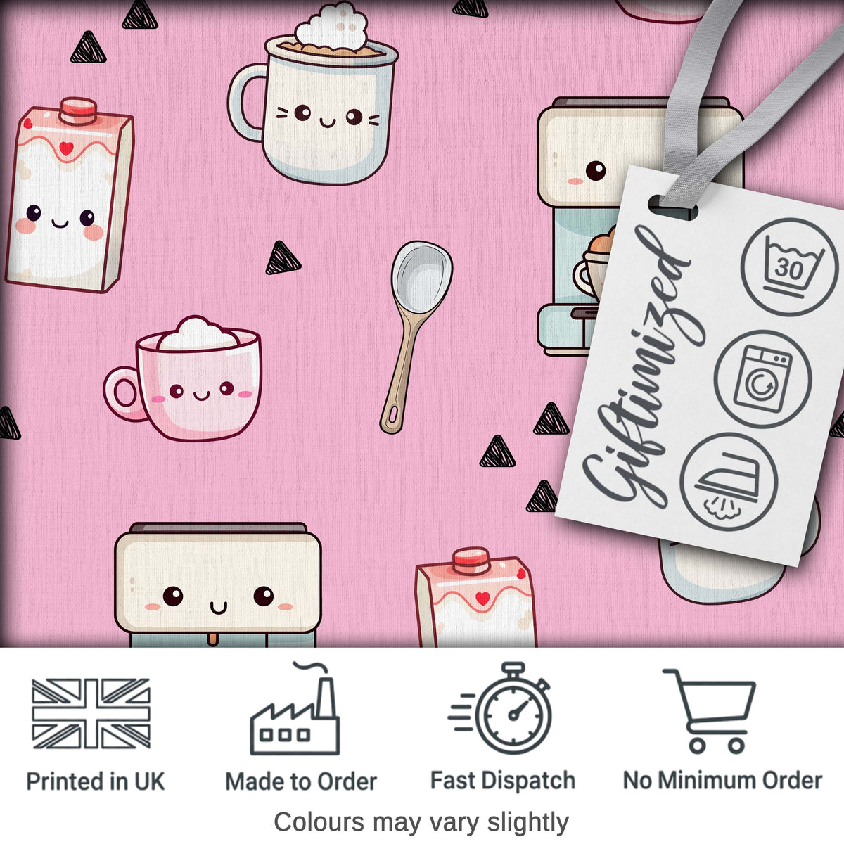 Cute Kawaii Coffee Maker Cups Milk Pink Background Seamless Pattern Digital Print Fabric by the Metre UK Sewing Quilting Textile