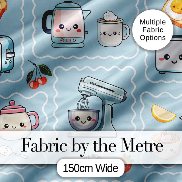 Cute Kawaii Mixer Kettle Cups Fruit Blue Background Seamless Pattern Digital Print Fabric by the Metre UK Sewing Quilting Textile