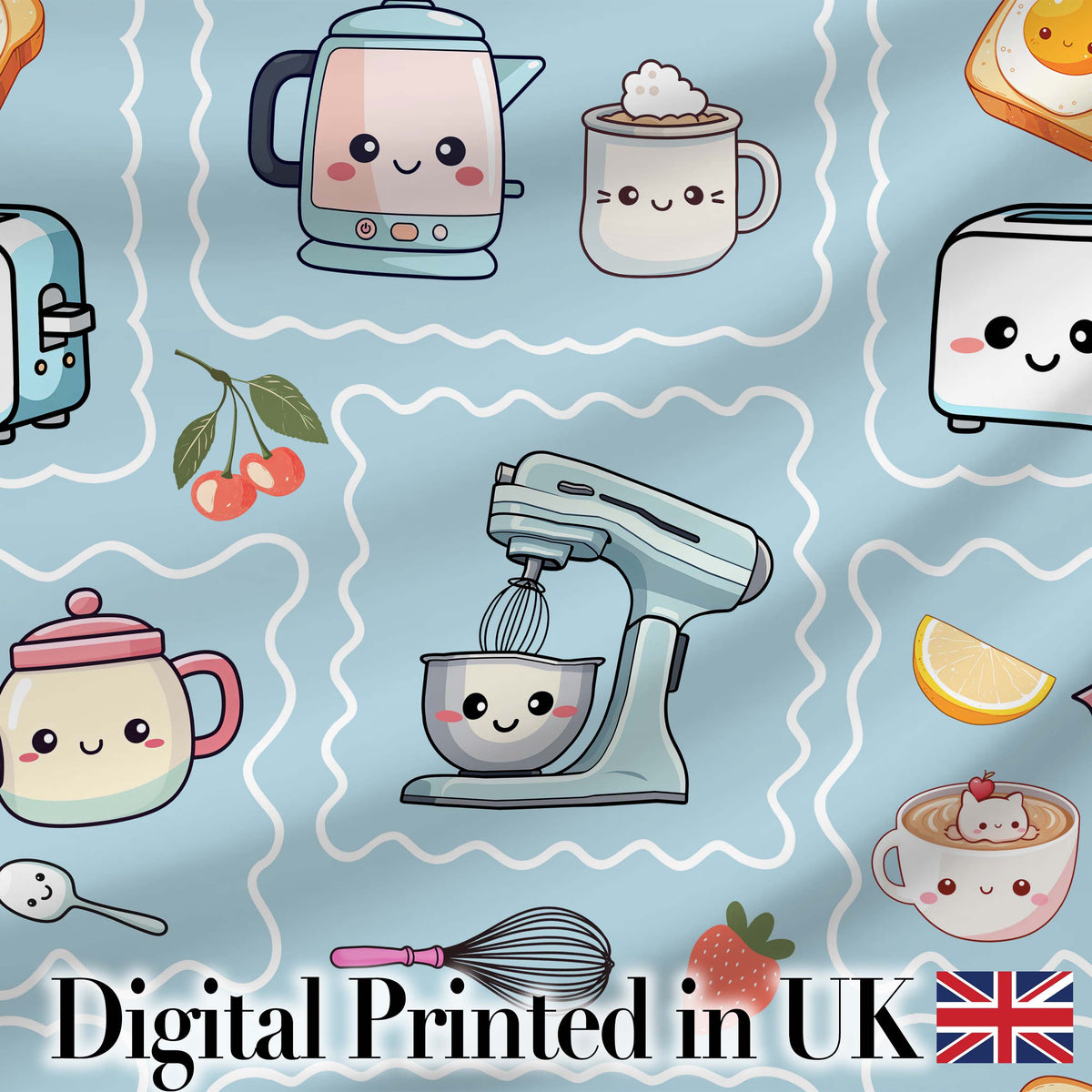 Cute Kawaii Mixer Kettle Cups Fruit Blue Background Seamless Pattern Digital Print Fabric by the Metre UK Sewing Quilting Textile