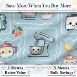 Cute Kawaii Mixer Kettle Cups Fruit Blue Background Seamless Pattern Digital Print Fabric by the Metre UK Sewing Quilting Textile