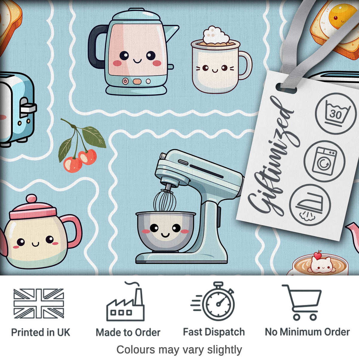 Cute Kawaii Mixer Kettle Cups Fruit Blue Background Seamless Pattern Digital Print Fabric by the Metre UK Sewing Quilting Textile