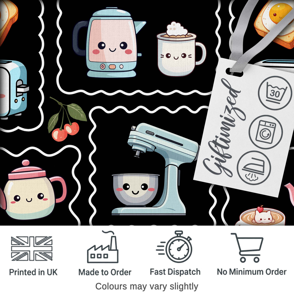 Cute Kawaii Mixer Kettle Cups Fruit Black Background Seamless Pattern Digital Print Fabric by the Metre UK Sewing Quilting Textile