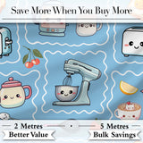 Cute Kawaii Mixer Kettle Cups Fruit Blue Pattern Seamless Pattern Digital Print Fabric by the Metre UK Sewing Quilting Textile