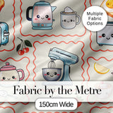 Cute Kawaii Mixer Kettle Cups Fruit Beige Background Seamless Pattern Digital Print Fabric by the Metre UK Sewing Quilting Textile