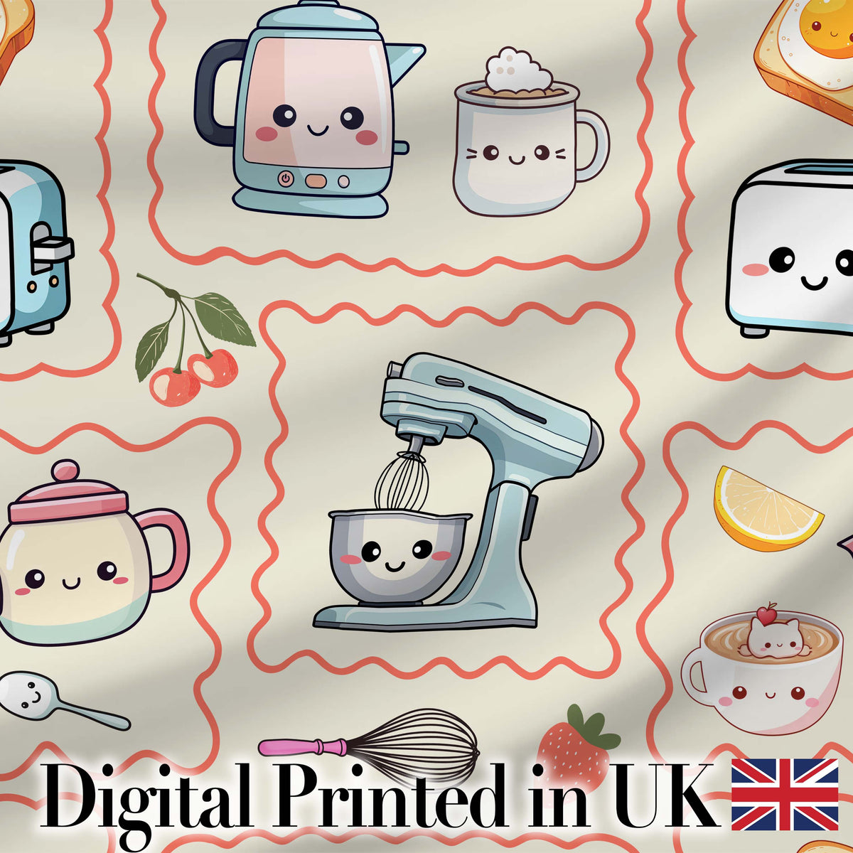 Cute Kawaii Mixer Kettle Cups Fruit Beige Background Seamless Pattern Digital Print Fabric by the Metre UK Sewing Quilting Textile