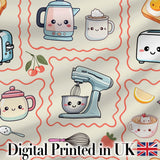 Cute Kawaii Mixer Kettle Cups Fruit Beige Background Seamless Pattern Digital Print Fabric by the Metre UK Sewing Quilting Textile