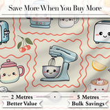 Cute Kawaii Mixer Kettle Cups Fruit Beige Background Seamless Pattern Digital Print Fabric by the Metre UK Sewing Quilting Textile