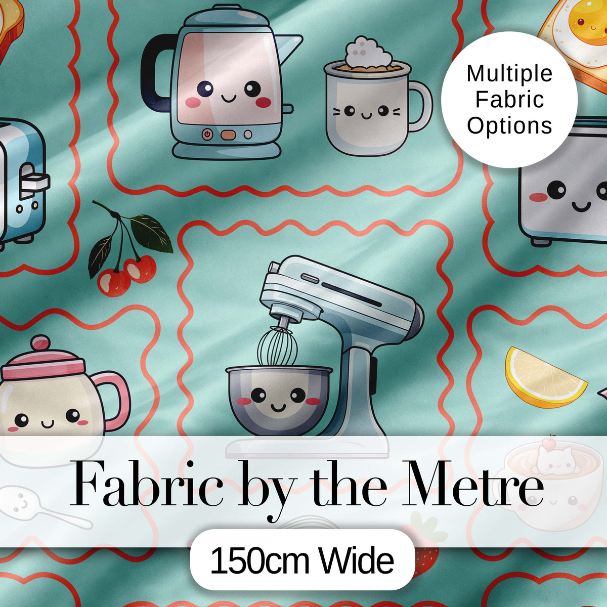 Cute Kawaii Kitchen Mixer Kettle Cups Mint Background Seamless Pattern Digital Print Fabric by the Metre UK Sewing Quilting Textile