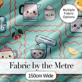 Cute Kawaii Kitchen Mixer Kettle Cups Mint Background Seamless Pattern Digital Print Fabric by the Metre UK Sewing Quilting Textile