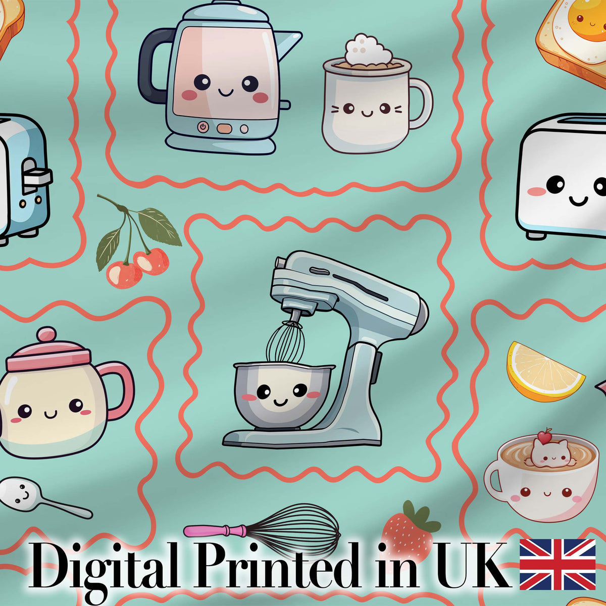 Cute Kawaii Kitchen Mixer Kettle Cups Mint Background Seamless Pattern Digital Print Fabric by the Metre UK Sewing Quilting Textile
