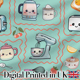 Cute Kawaii Kitchen Mixer Kettle Cups Mint Background Seamless Pattern Digital Print Fabric by the Metre UK Sewing Quilting Textile