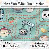Cute Kawaii Kitchen Mixer Kettle Cups Mint Background Seamless Pattern Digital Print Fabric by the Metre UK Sewing Quilting Textile