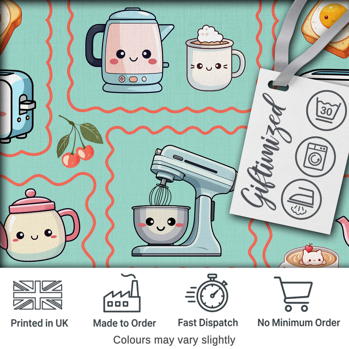 Cute Kawaii Kitchen Mixer Kettle Cups Mint Background Seamless Pattern Digital Print Fabric by the Metre UK Sewing Quilting Textile