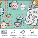 Cute Kawaii Kitchen Mixer Kettle Cups Mint Background Seamless Pattern Digital Print Fabric by the Metre UK Sewing Quilting Textile