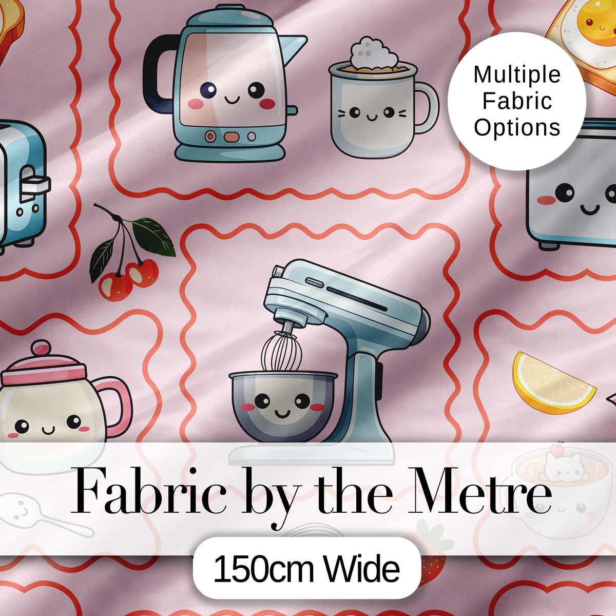 Cute Kawaii Kitchen Mixer Kettle Cups Pink Background Seamless Pattern Digital Print Fabric by the Metre UK Sewing Quilting Textile