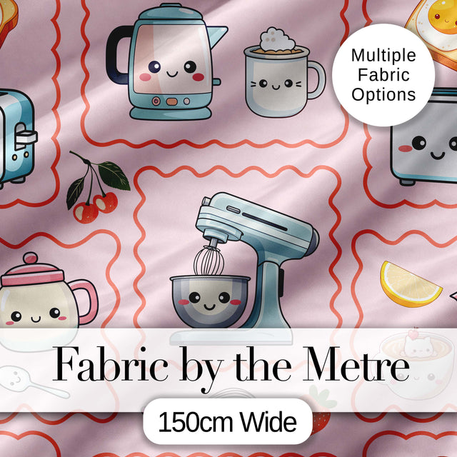 Cute Kawaii Kitchen Mixer Kettle Cups Pink Background Seamless Pattern Digital Print Fabric by the Metre UK Sewing Quilting Textile
