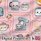 Cute Kawaii Kitchen Mixer Kettle Cups Pink Background Seamless Pattern Digital Print Fabric by the Metre UK Sewing Quilting Textile