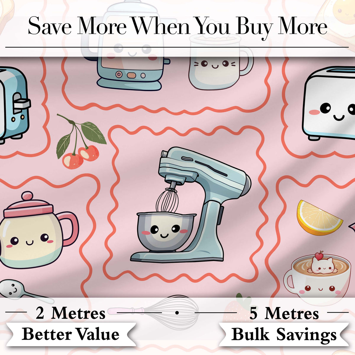 Cute Kawaii Kitchen Mixer Kettle Cups Pink Background Seamless Pattern Digital Print Fabric by the Metre UK Sewing Quilting Textile