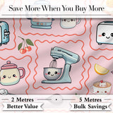 Cute Kawaii Kitchen Mixer Kettle Cups Pink Background Seamless Pattern Digital Print Fabric by the Metre UK Sewing Quilting Textile