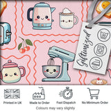 Cute Kawaii Kitchen Mixer Kettle Cups Pink Background Seamless Pattern Digital Print Fabric by the Metre UK Sewing Quilting Textile