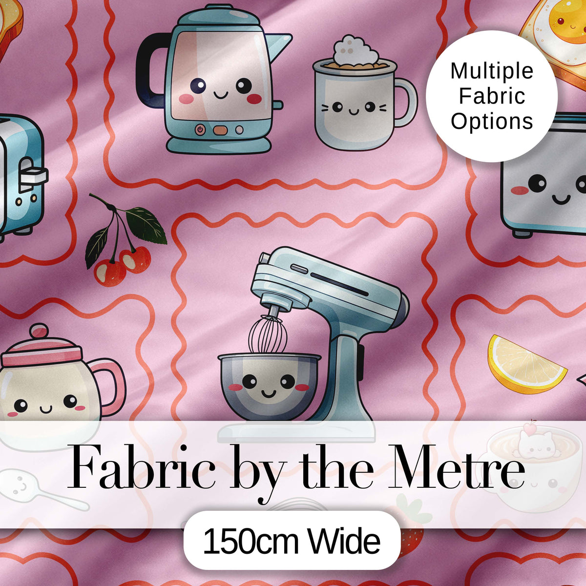 Cute Kawaii Kitchen Mixer Kettle Cups Blush Background Seamless Pattern Digital Print Fabric by the Metre UK Sewing Quilting Textile
