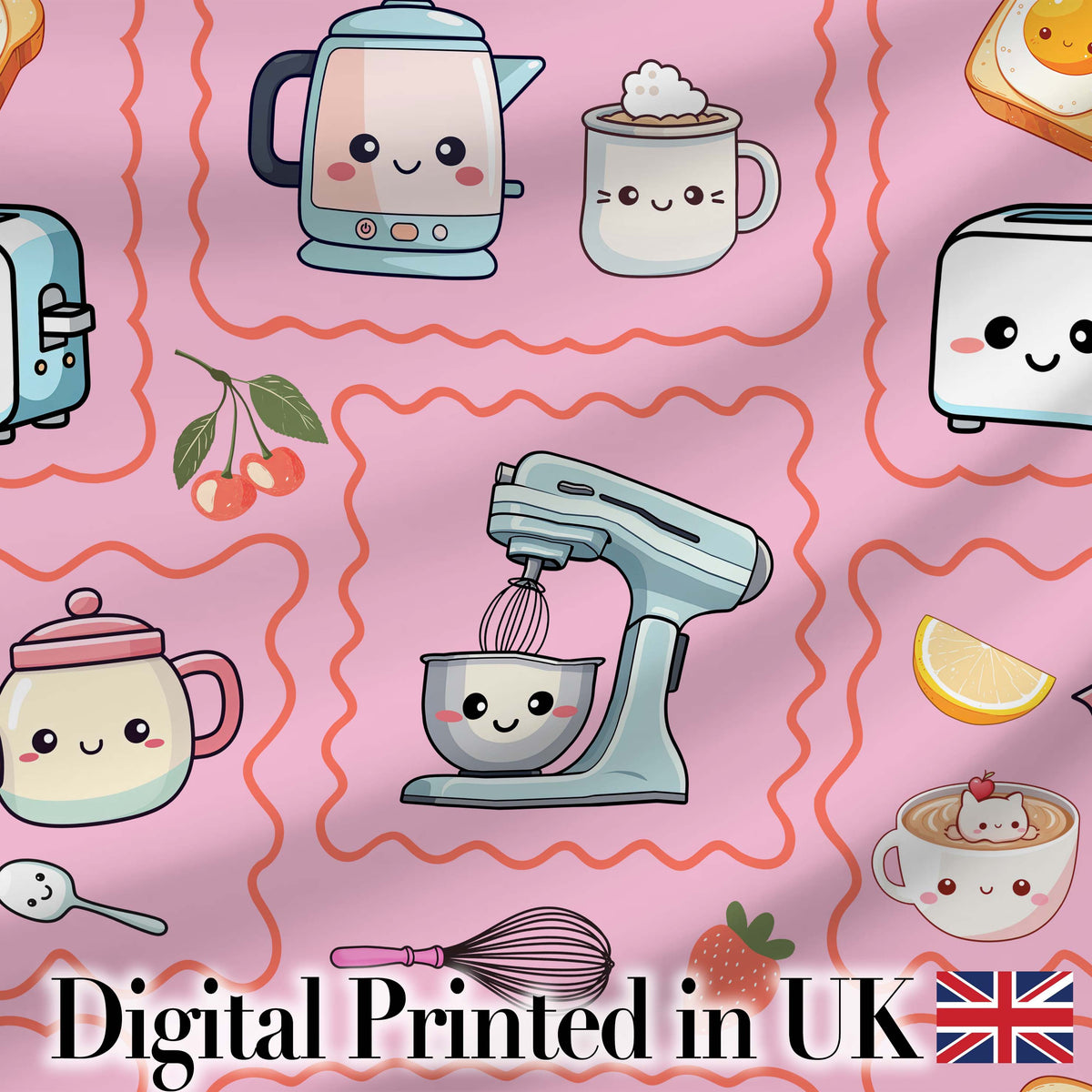 Cute Kawaii Kitchen Mixer Kettle Cups Blush Background Seamless Pattern Digital Print Fabric by the Metre UK Sewing Quilting Textile