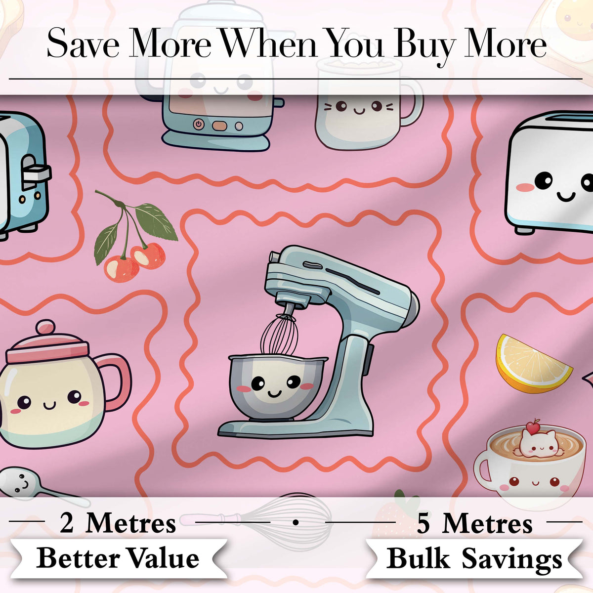 Cute Kawaii Kitchen Mixer Kettle Cups Blush Background Seamless Pattern Digital Print Fabric by the Metre UK Sewing Quilting Textile