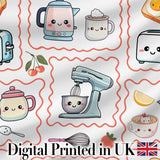 Cute Kawaii Kitchen Mixer Kettle Cups Grey Background Seamless Pattern Digital Print Fabric by the Metre UK Sewing Quilting Textile