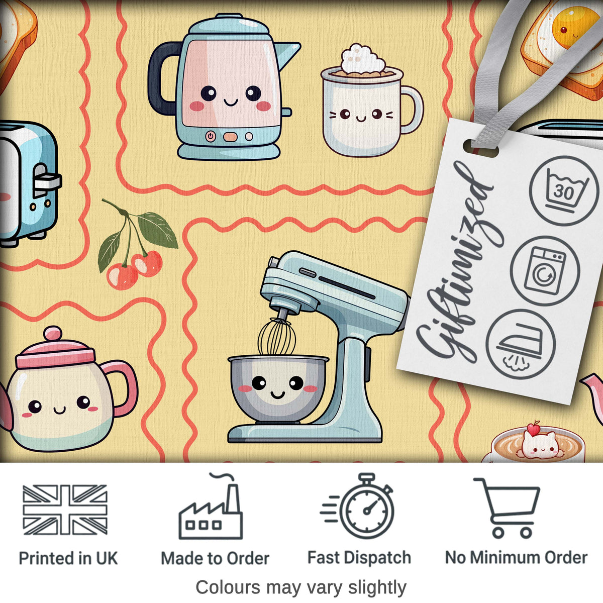 Cute Kawaii Kitchen Mixer Kettle Cups Yellow Background Seamless Pattern Digital Print Fabric by the Metre UK Sewing Quilting Textile