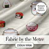 Cute Kawaii Sushi Rice Cooker Bowl Neutral Background Seamless Pattern Digital Print Fabric by the Metre UK Sewing Quilting Textile