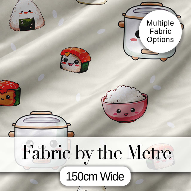 Cute Kawaii Sushi Rice Cooker Bowl Neutral Background Seamless Pattern Digital Print Fabric by the Metre UK Sewing Quilting Textile