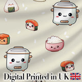 Cute Kawaii Sushi Rice Cooker Bowl Neutral Background Seamless Pattern Digital Print Fabric by the Metre UK Sewing Quilting Textile