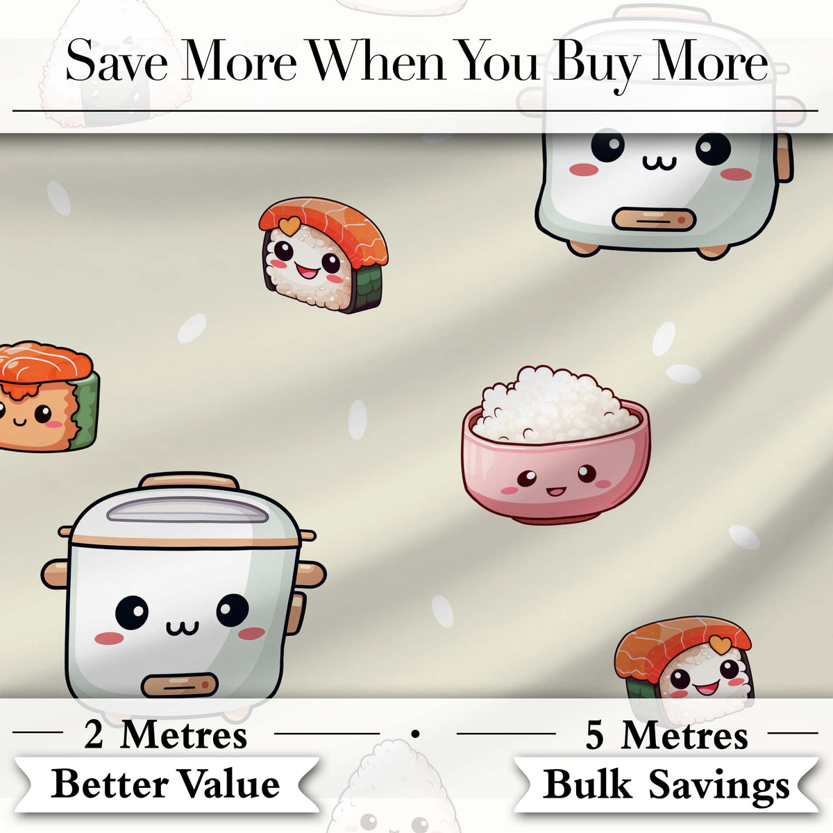 Cute Kawaii Sushi Rice Cooker Bowl Neutral Background Seamless Pattern Digital Print Fabric by the Metre UK Sewing Quilting Textile