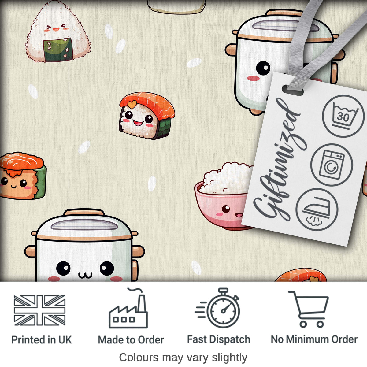 Cute Kawaii Sushi Rice Cooker Bowl Neutral Background Seamless Pattern Digital Print Fabric by the Metre UK Sewing Quilting Textile