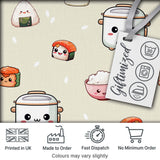 Cute Kawaii Sushi Rice Cooker Bowl Neutral Background Seamless Pattern Digital Print Fabric by the Metre UK Sewing Quilting Textile