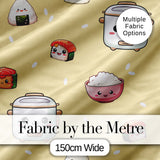 Cute Kawaii Sushi Rice Cooker Bowl Yellow Background Seamless Pattern Digital Print Fabric by the Metre UK Sewing Quilting Textile