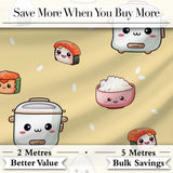 Cute Kawaii Sushi Rice Cooker Bowl Yellow Background Seamless Pattern Digital Print Fabric by the Metre UK Sewing Quilting Textile