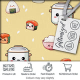 Cute Kawaii Sushi Rice Cooker Bowl Yellow Background Seamless Pattern Digital Print Fabric by the Metre UK Sewing Quilting Textile