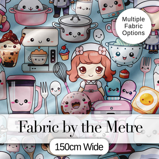 Cute Kawaii Baking Girl Mixer Blender Donut  Blue Background Seamless Pattern Digital Print Fabric by the Metre UK Sewing Quilting Textile