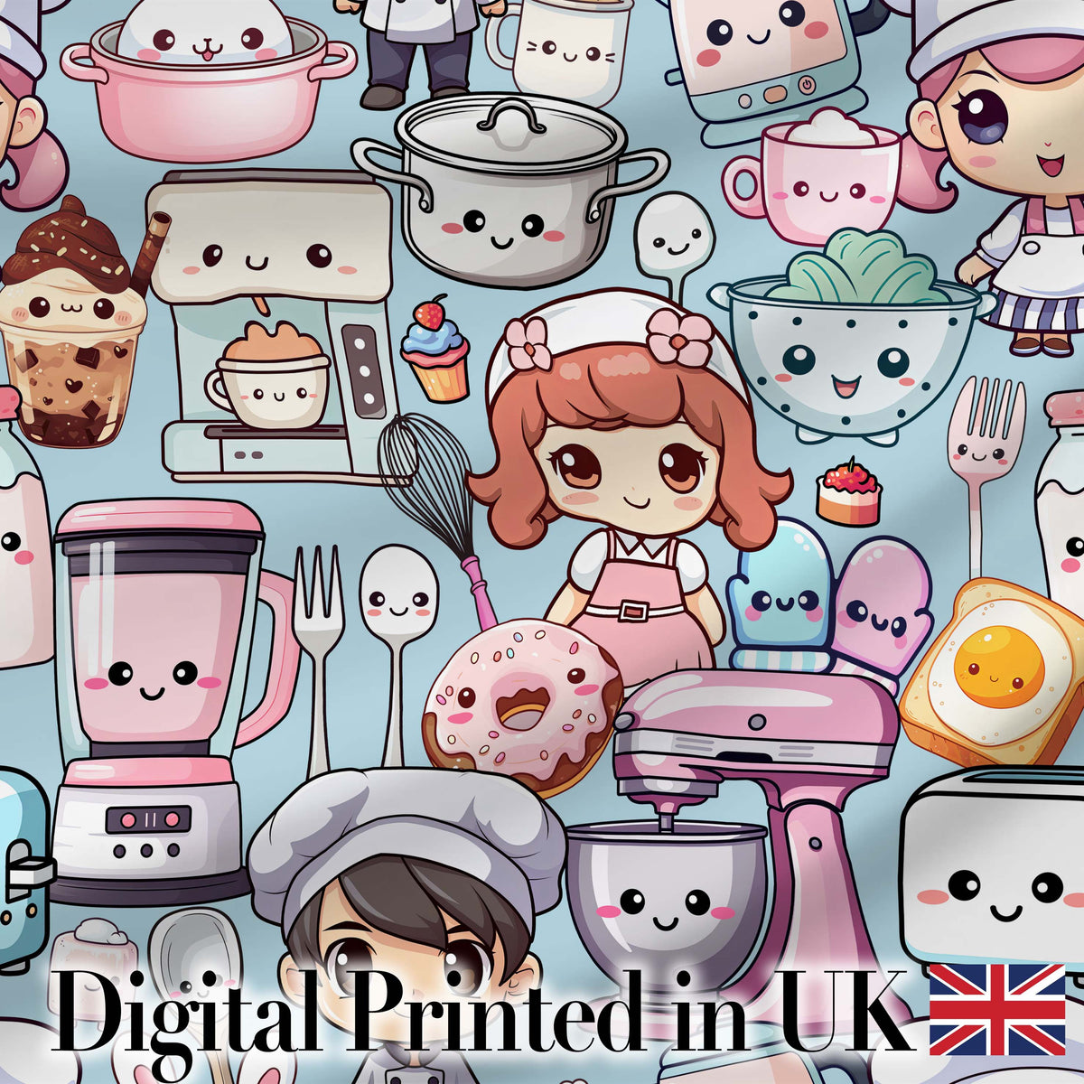 Cute Kawaii Baking Girl Mixer Blender Donut  Blue Background Seamless Pattern Digital Print Fabric by the Metre UK Sewing Quilting Textile