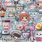 Cute Kawaii Baking Girl Mixer Blender Donut  Blue Background Seamless Pattern Digital Print Fabric by the Metre UK Sewing Quilting Textile