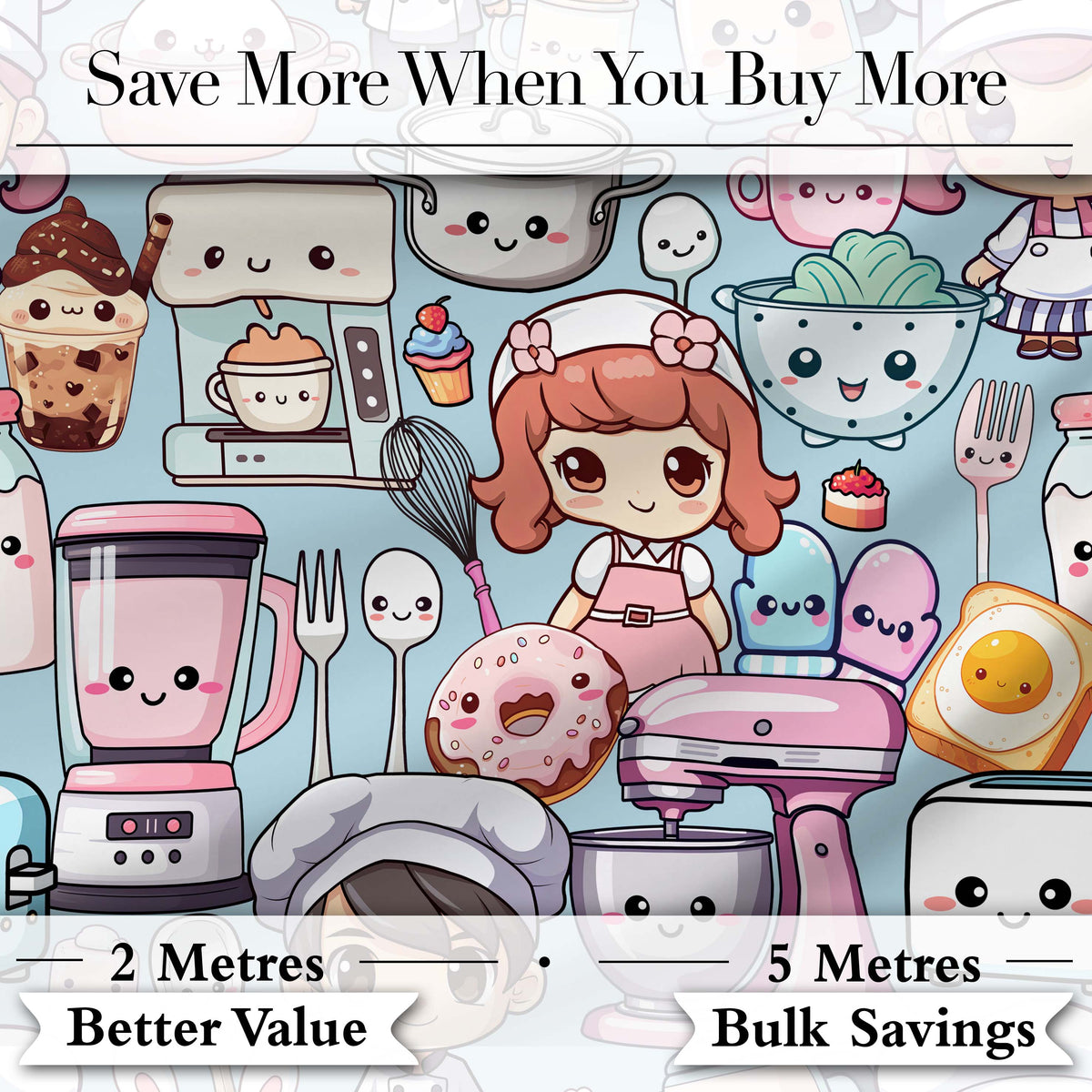 Cute Kawaii Baking Girl Mixer Blender Donut  Blue Background Seamless Pattern Digital Print Fabric by the Metre UK Sewing Quilting Textile