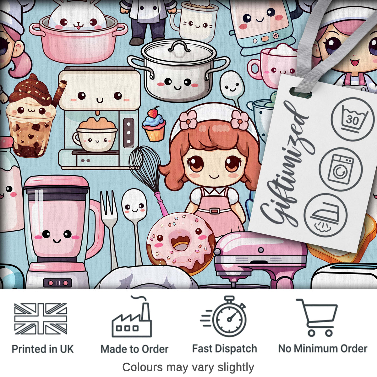 Cute Kawaii Baking Girl Mixer Blender Donut  Blue Background Seamless Pattern Digital Print Fabric by the Metre UK Sewing Quilting Textile