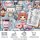Cute Kawaii Baking Girl Mixer Blender Donut  Blue Background Seamless Pattern Digital Print Fabric by the Metre UK Sewing Quilting Textile