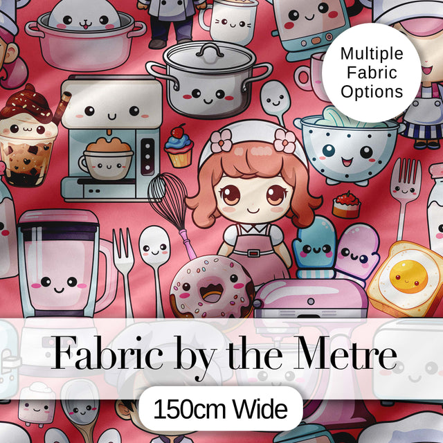 Cute Kawaii Baking Girl Mixer Blender Donut  Coral Background Seamless Pattern Digital Print Fabric by the Metre UK Sewing Quilting Textile