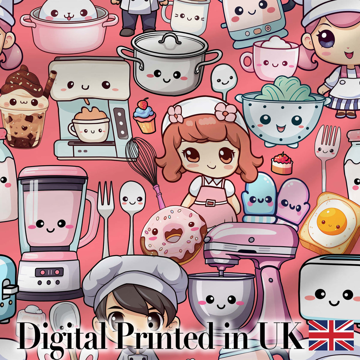 Cute Kawaii Baking Girl Mixer Blender Donut  Coral Background Seamless Pattern Digital Print Fabric by the Metre UK Sewing Quilting Textile