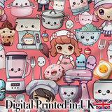 Cute Kawaii Baking Girl Mixer Blender Donut  Coral Background Seamless Pattern Digital Print Fabric by the Metre UK Sewing Quilting Textile