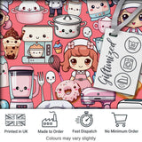 Cute Kawaii Baking Girl Mixer Blender Donut  Coral Background Seamless Pattern Digital Print Fabric by the Metre UK Sewing Quilting Textile